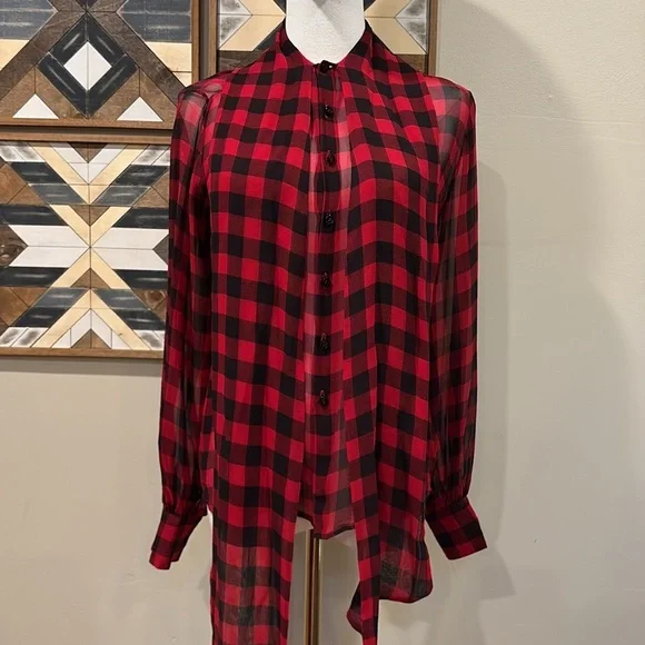 Vintage Ralph Lauren Collection Silk Plaid Button-Up Top Blouse Red / Black 6 - Picture 4 of 12